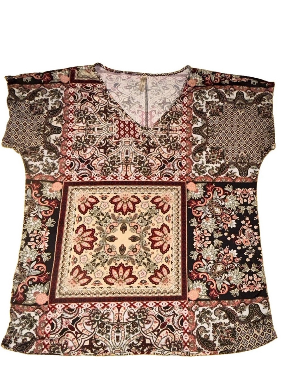 Paisley Patchwork V-Neck Women's Top - Burgundy/Cream Perception 2X XXL